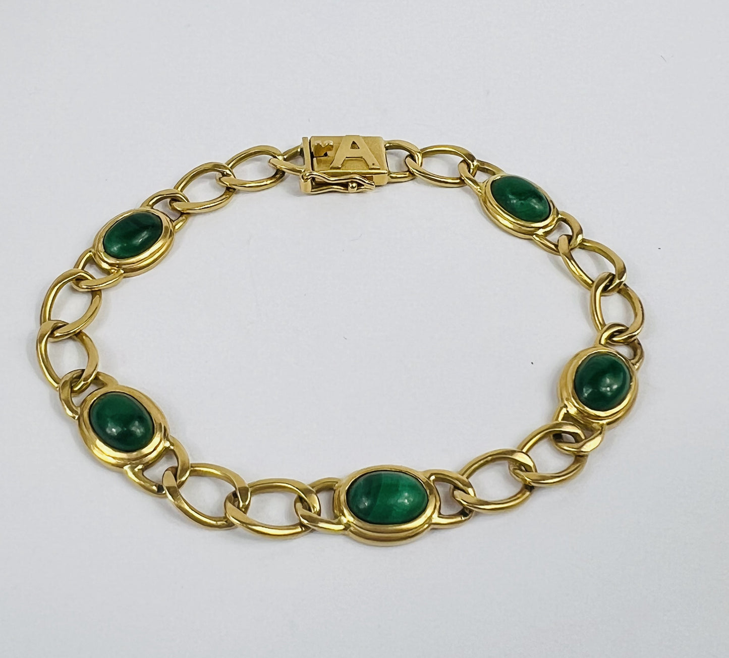 Bracelet Or Jaune 18K avec Malachite Tête d'aigle 19cm