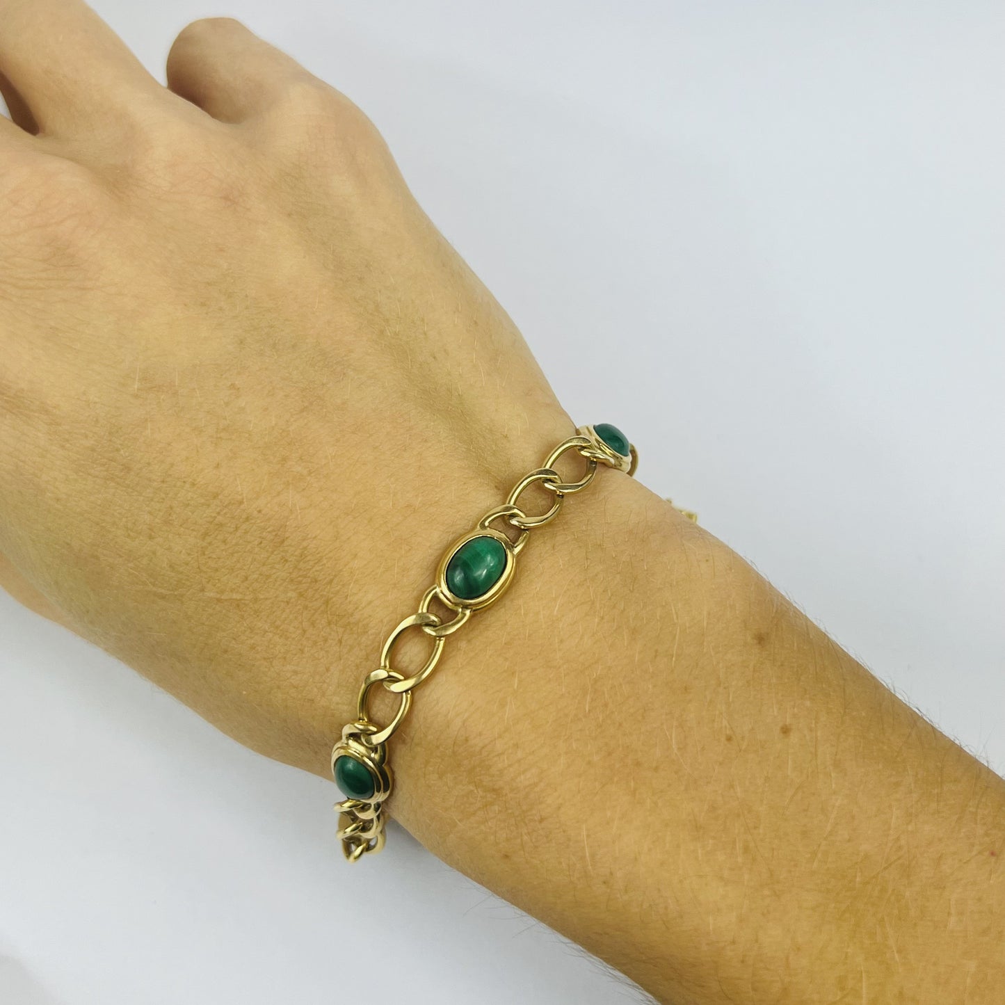 Bracelet Or Jaune 18K avec Malachite Tête d'aigle 19cm