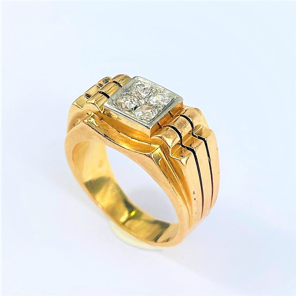 Chevalière Or jaune et Platine avec 4 Diamants 0.10ct