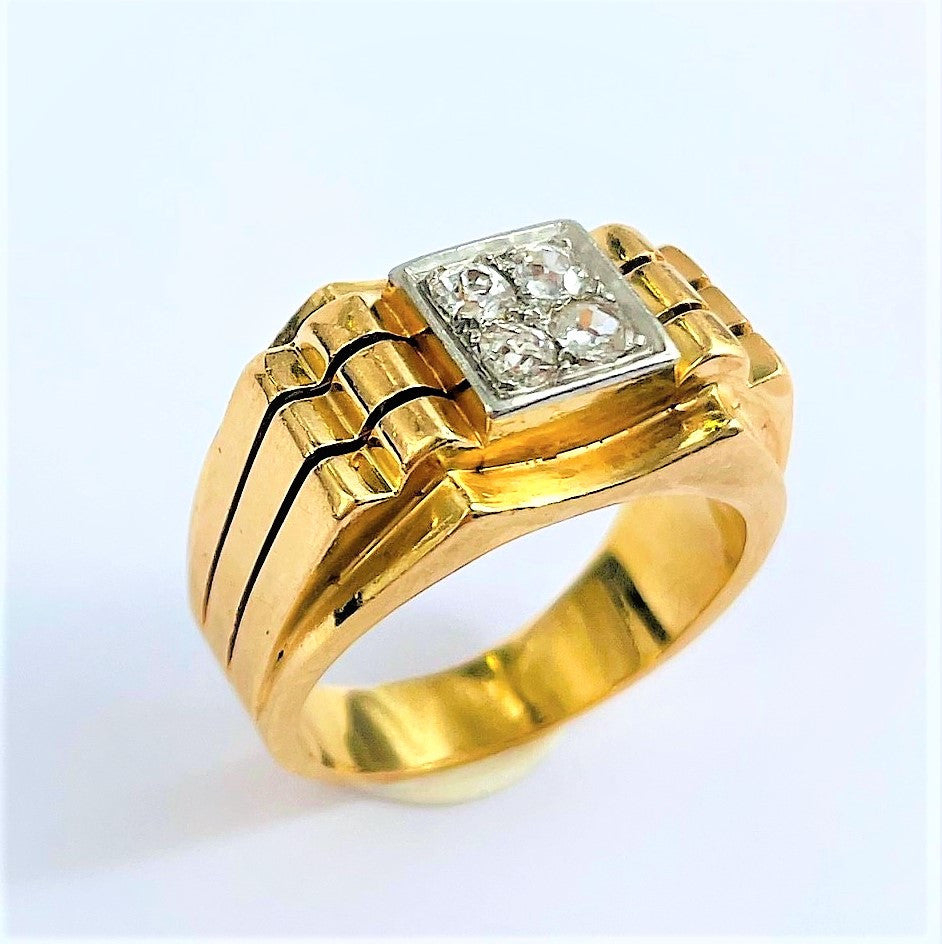 Chevalière Or jaune et Platine avec 4 Diamants 0.10ct