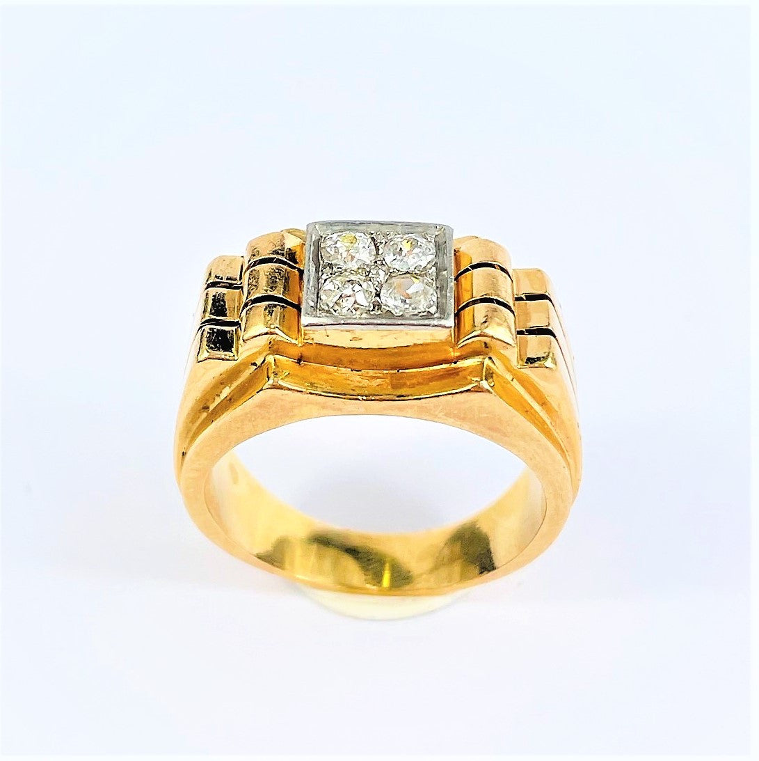 Chevalière Or jaune et Platine avec 4 Diamants 0.10ct