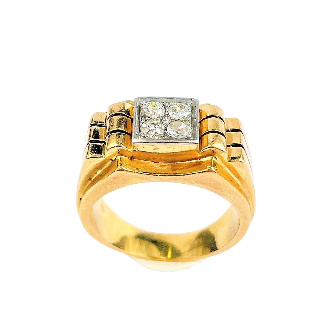 Chevalière Or jaune et Platine avec 4 Diamants 0.10ct