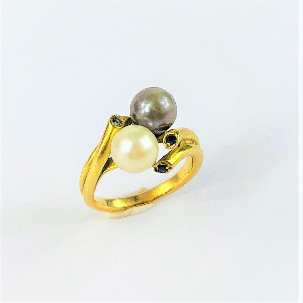 Bague Toi et Moi Or Jaune avec Perles de Culture et Saphir