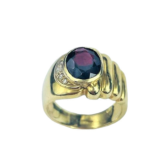Chevalière Or Jaune avec Pierre Rouge et Diamant
