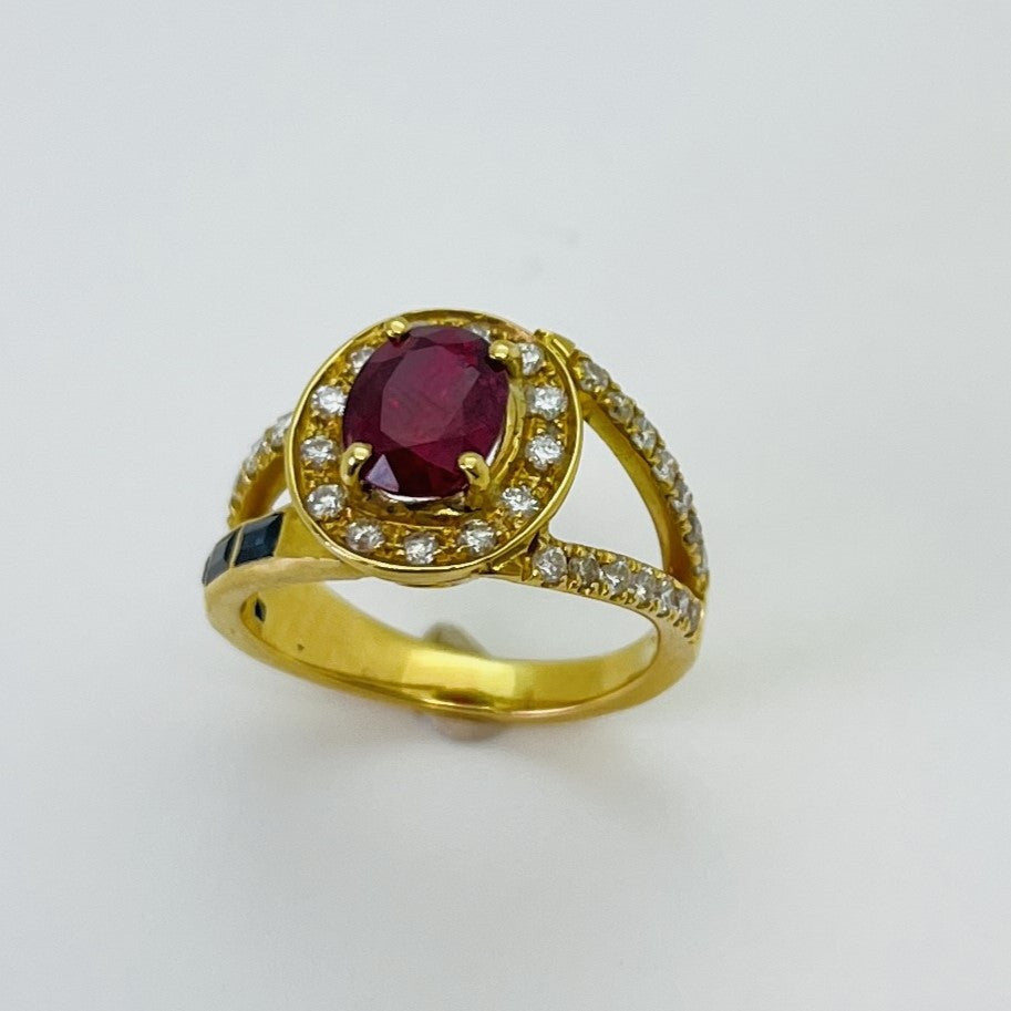 Bague Or avec Rubis 2.13ct , Diamants et Saphir