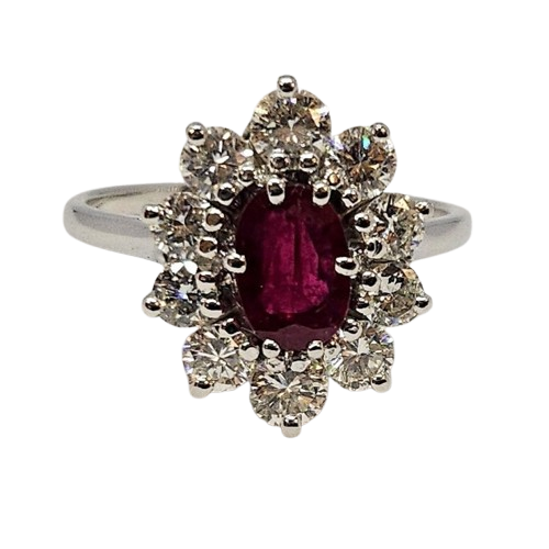 Bague marguerite en or blanc avec diamants et rubis