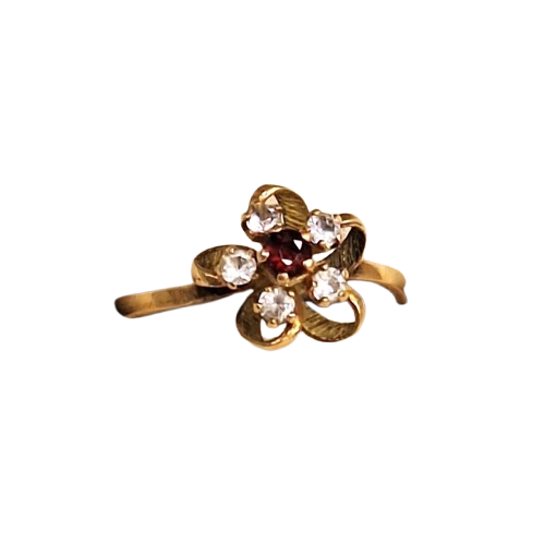 Bague fleur Or avec oxydes et pierre rouge