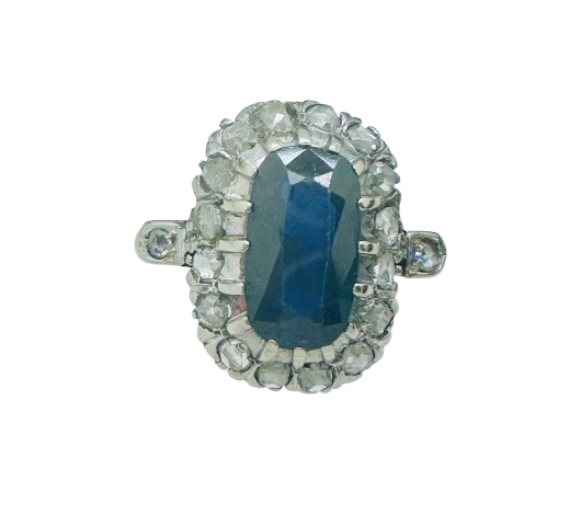 Bague ancienne en Or Blanc avec Diamants et saphir