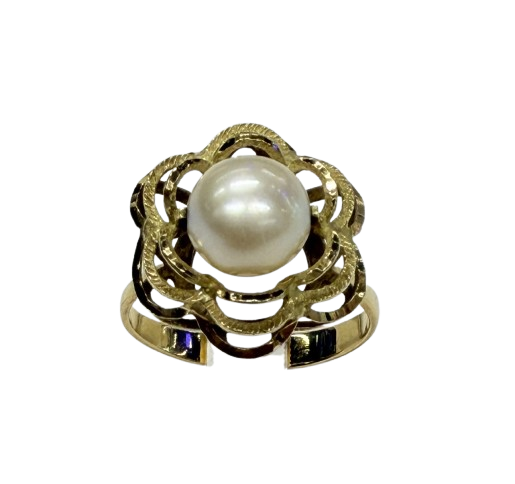 Bague fleur Or Jaune 18k avec perle d'eau douce