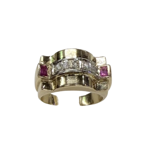 Bague Tank Or Jaune et Blanc Diamants et Rubis