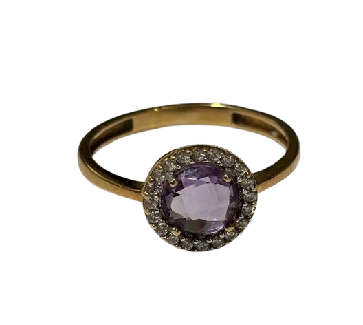 Solitaire Or Jaune 18 Carats avec Améthyste et Oxyde de Zirconium