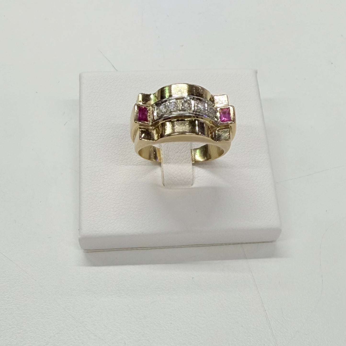 Bague Tank Or Jaune et Blanc Diamants et Rubis