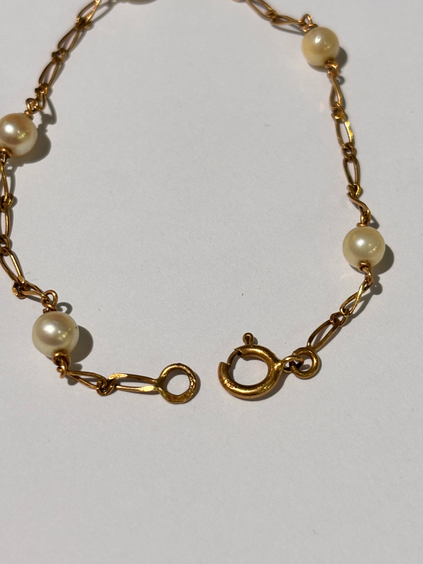 Bracelet Or Jaune 18K Figaro Maillon Perles 15cm