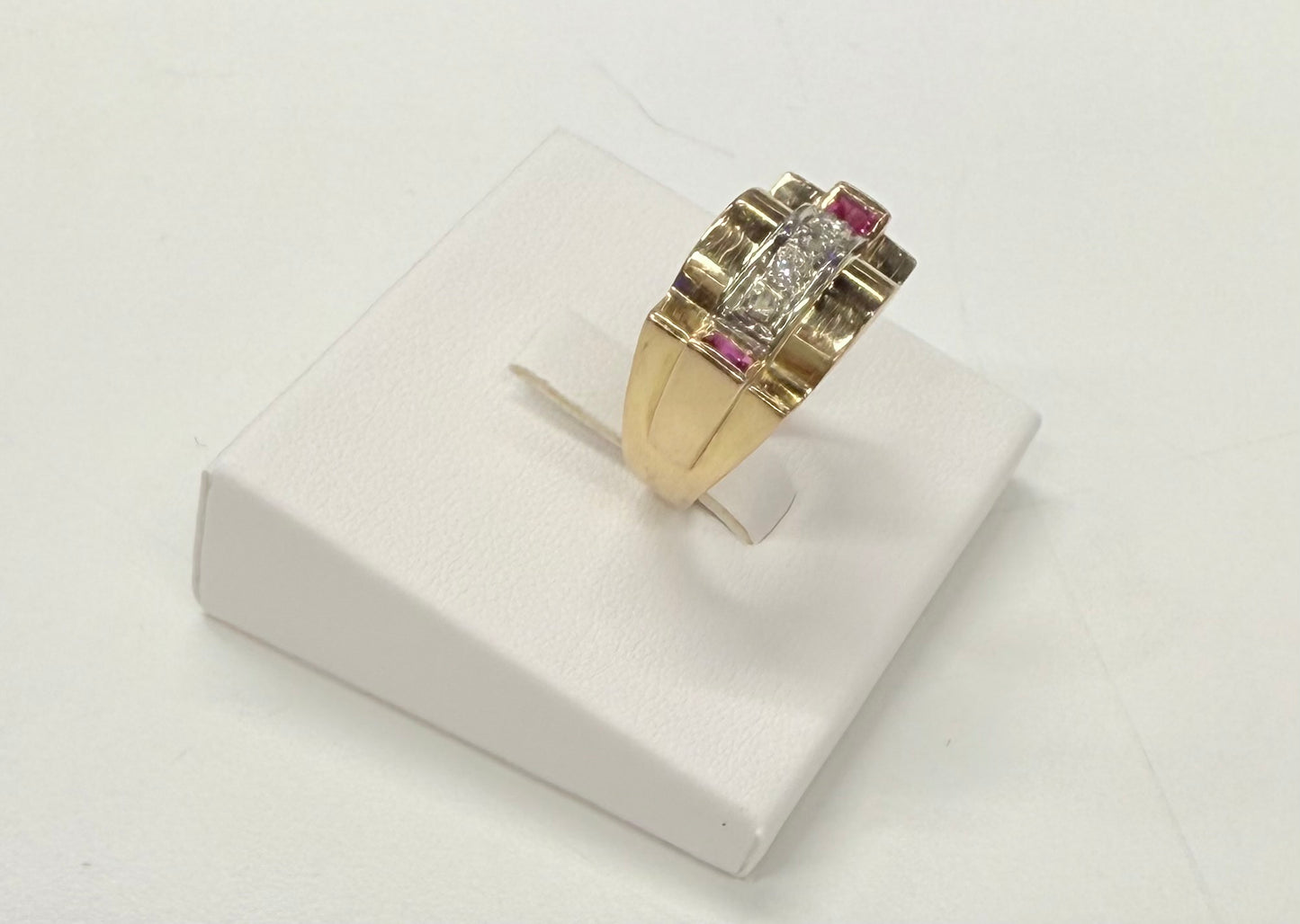 Bague Tank Or Jaune et Blanc Diamants et Rubis