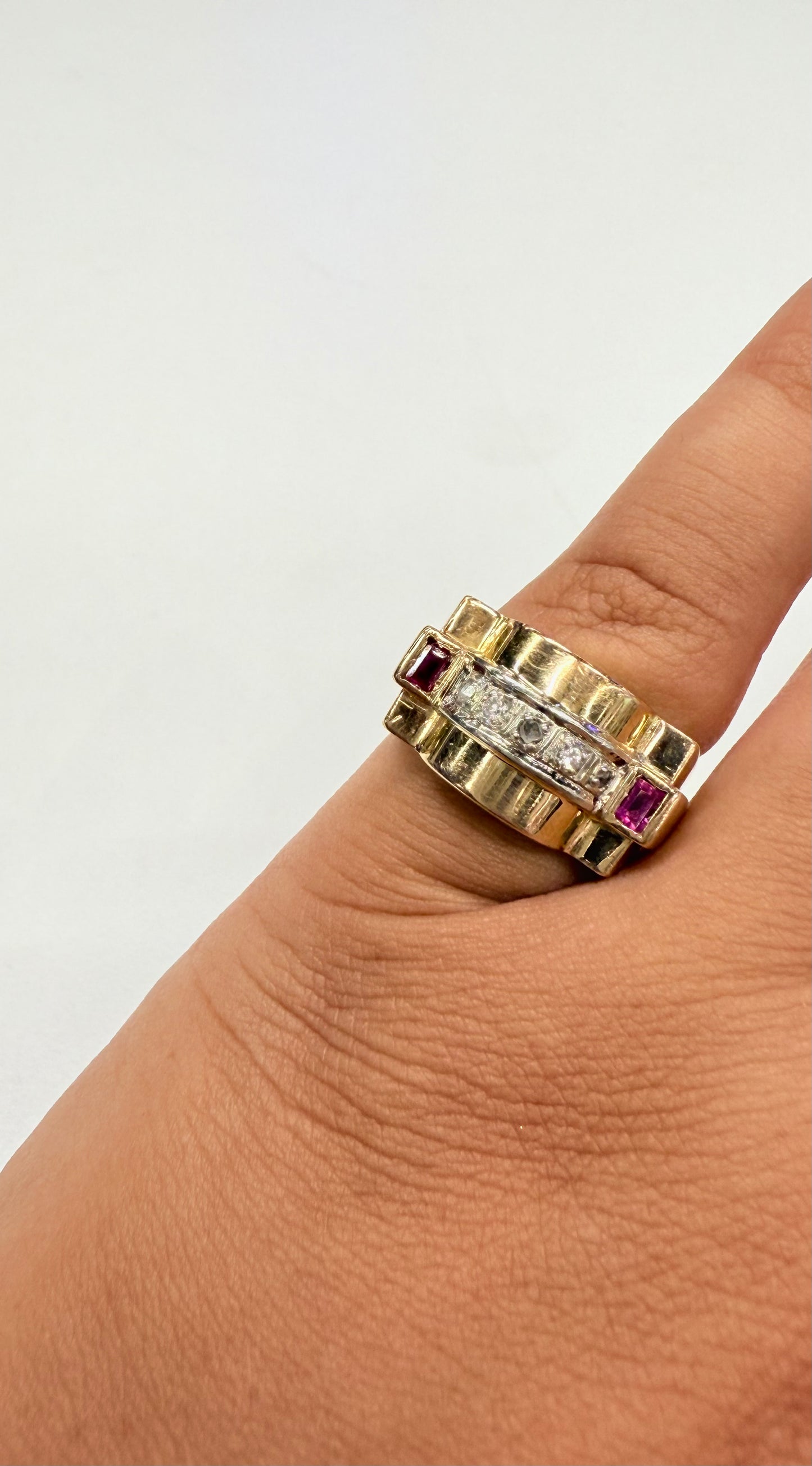 Bague Tank Or Jaune et Blanc Diamants et Rubis