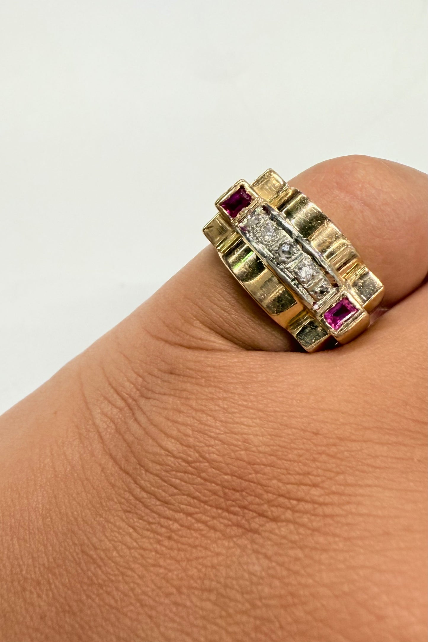 Bague Tank Or Jaune et Blanc Diamants et Rubis
