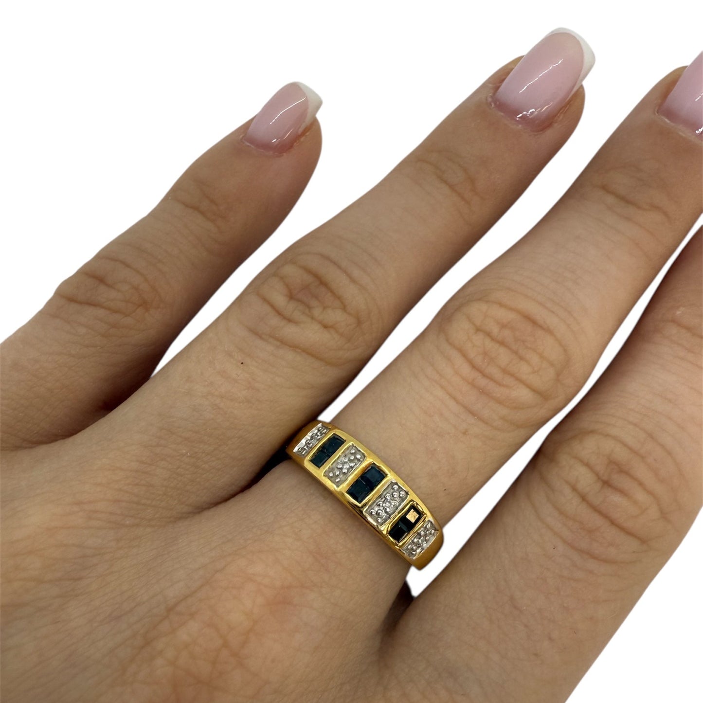 Bague Demi Tour Or Jaune avec Diamants et Pierres Bleues - T 53