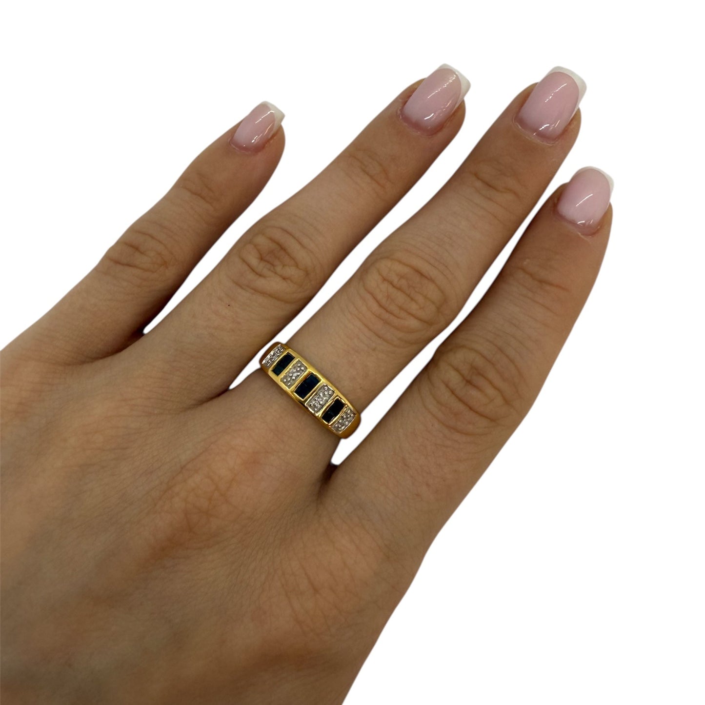 Bague Demi Tour Or Jaune avec Diamants et Pierres Bleues - T 53