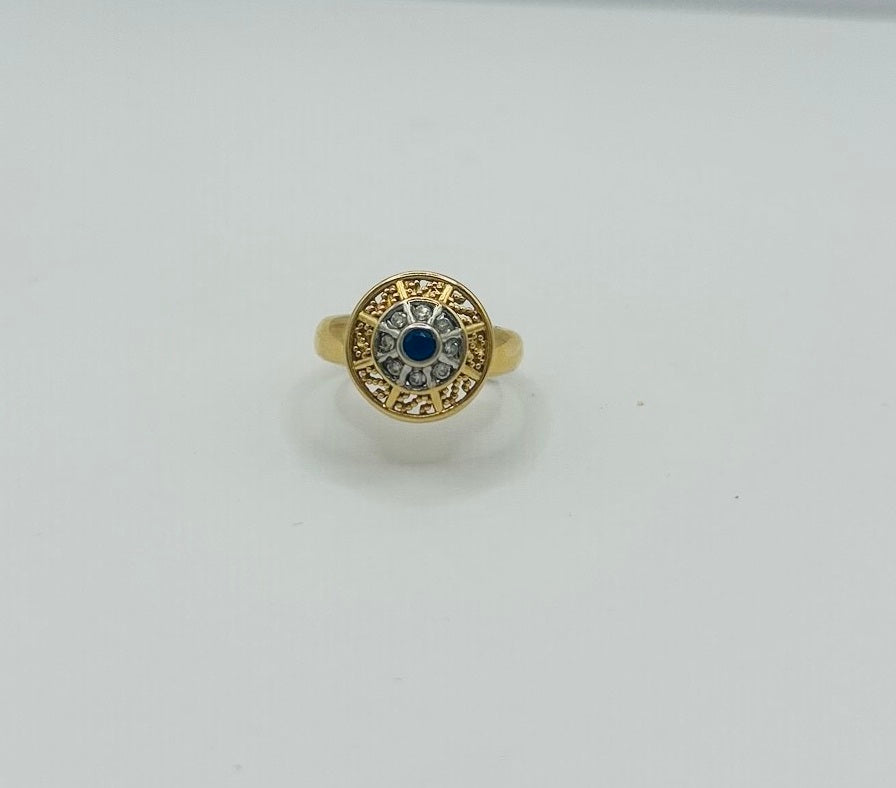 Bague en Or Jaune avec Pierre Bleue et Oxyde de Zirconium
