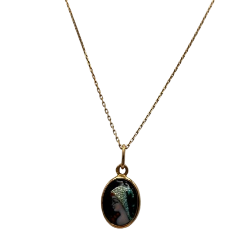Collier Princesse en Or Jaune 18K avec Médaillon en Émail - L 39 Cm