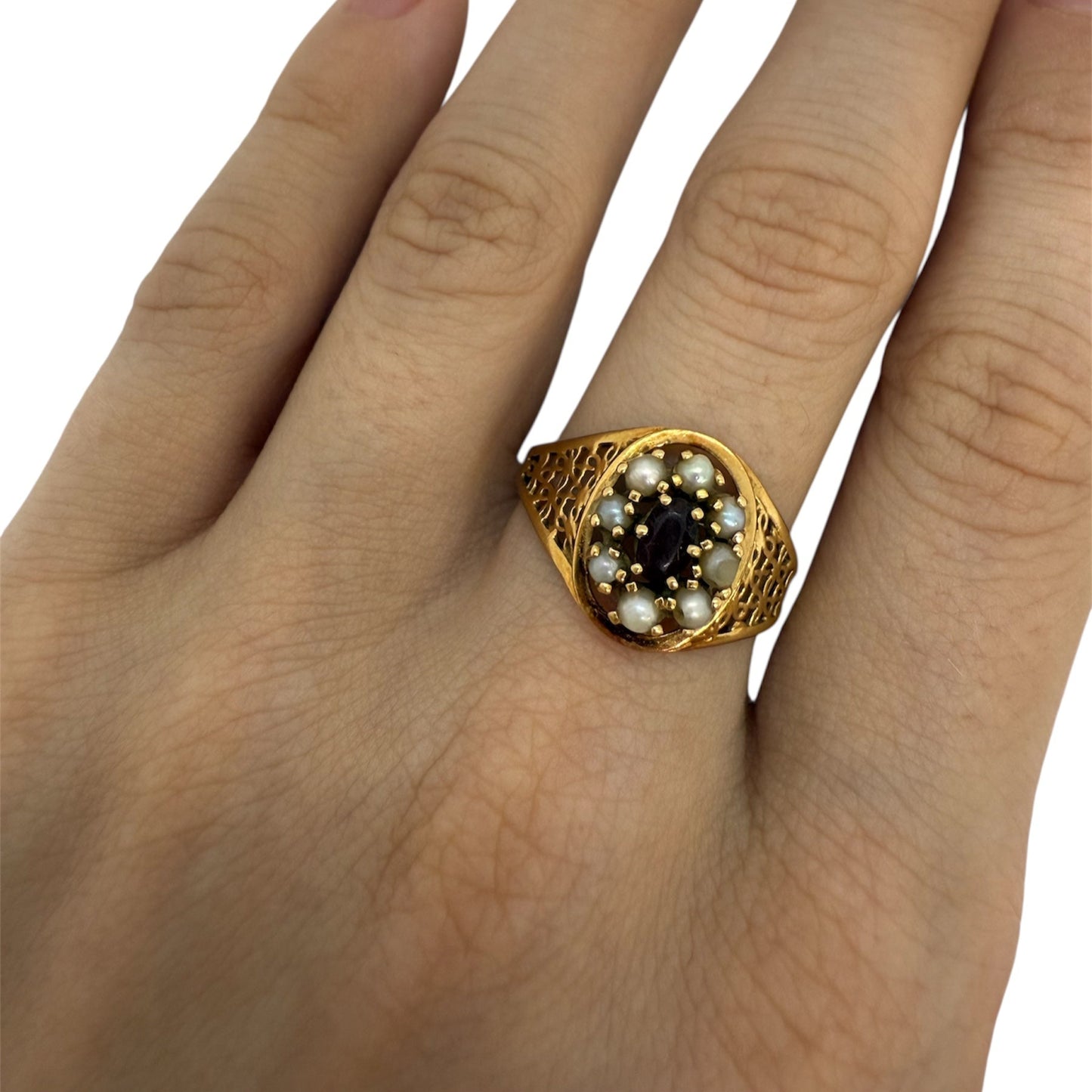 Bague en Or Jaune Grenat Perles 18K 3.43 Grs