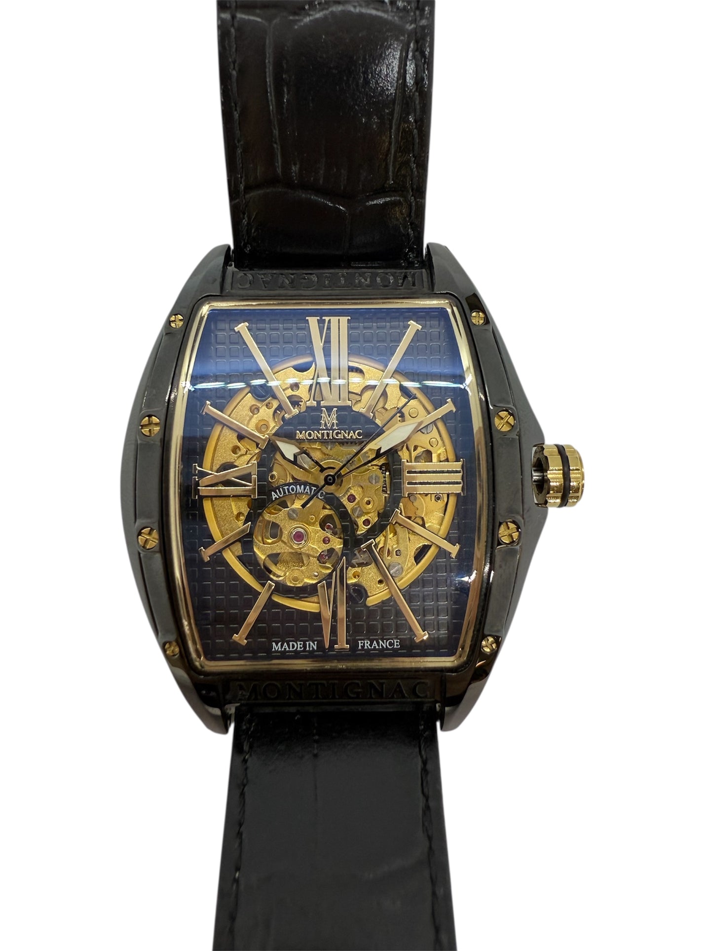 Montre Montignac Tonneau Automatique Cuir Noir 2024
