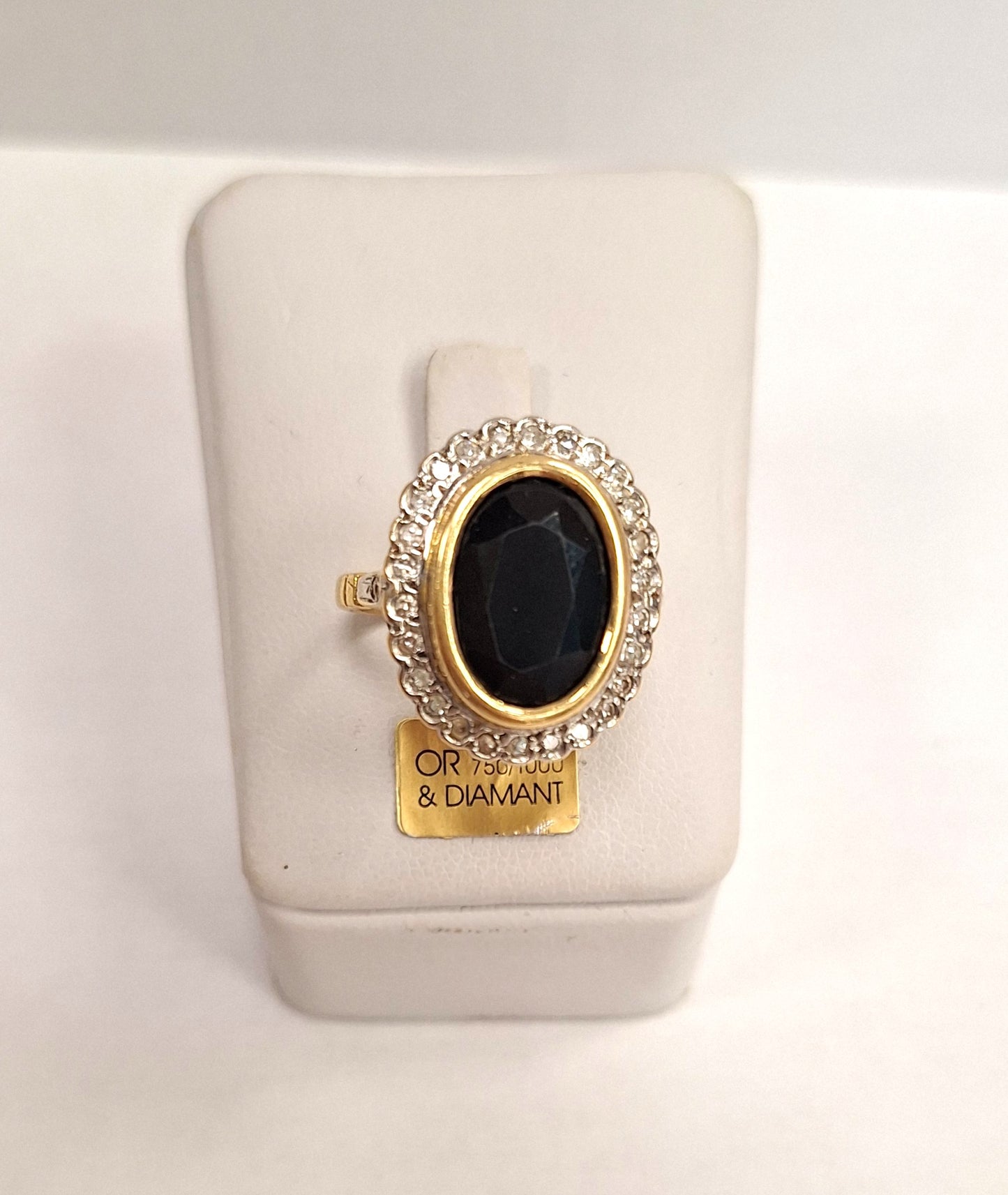 Bague Pompadour Vintage en Or Jaune 18K avec Saphir et Diamants