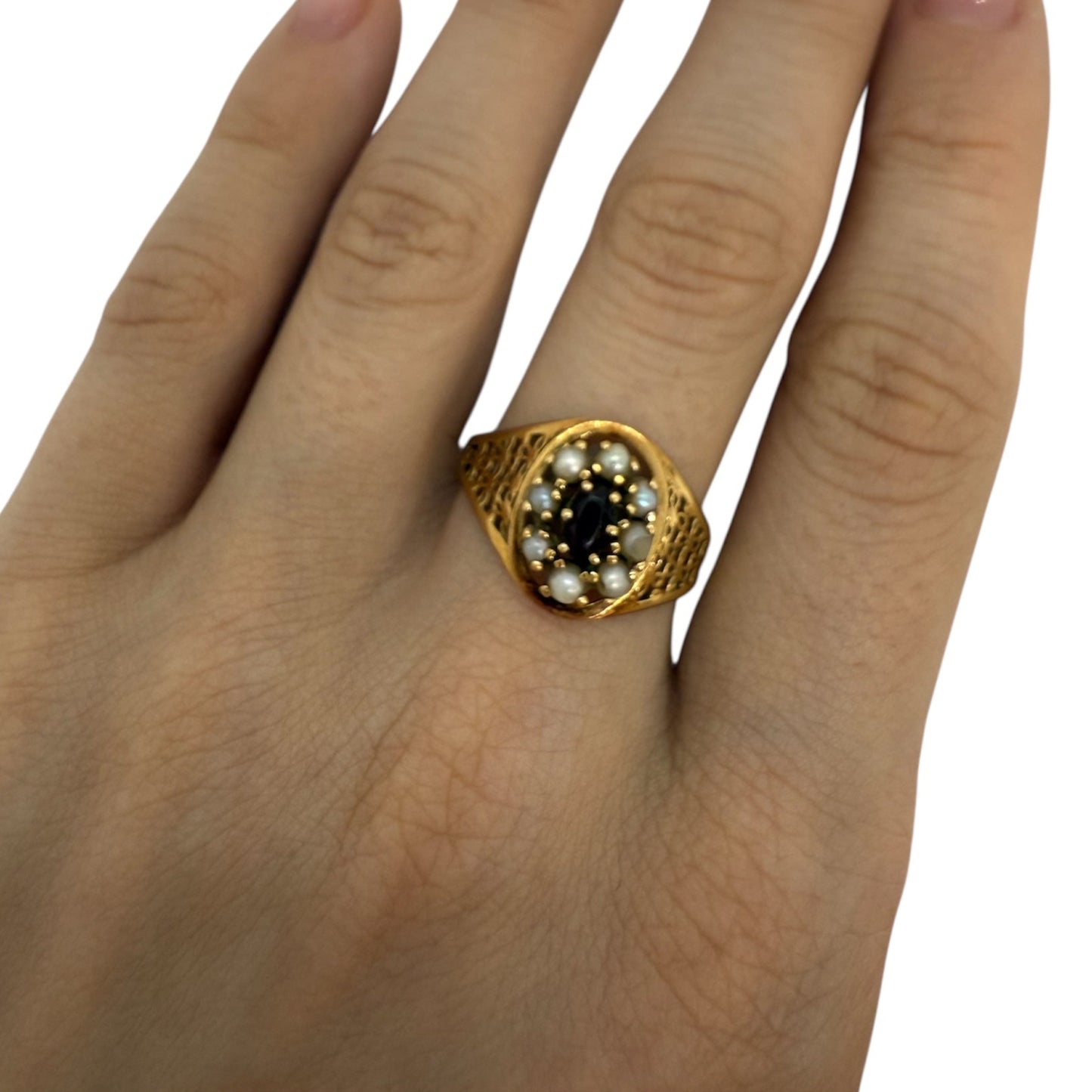 Bague en Or Jaune Grenat Perles 18K 3.43 Grs