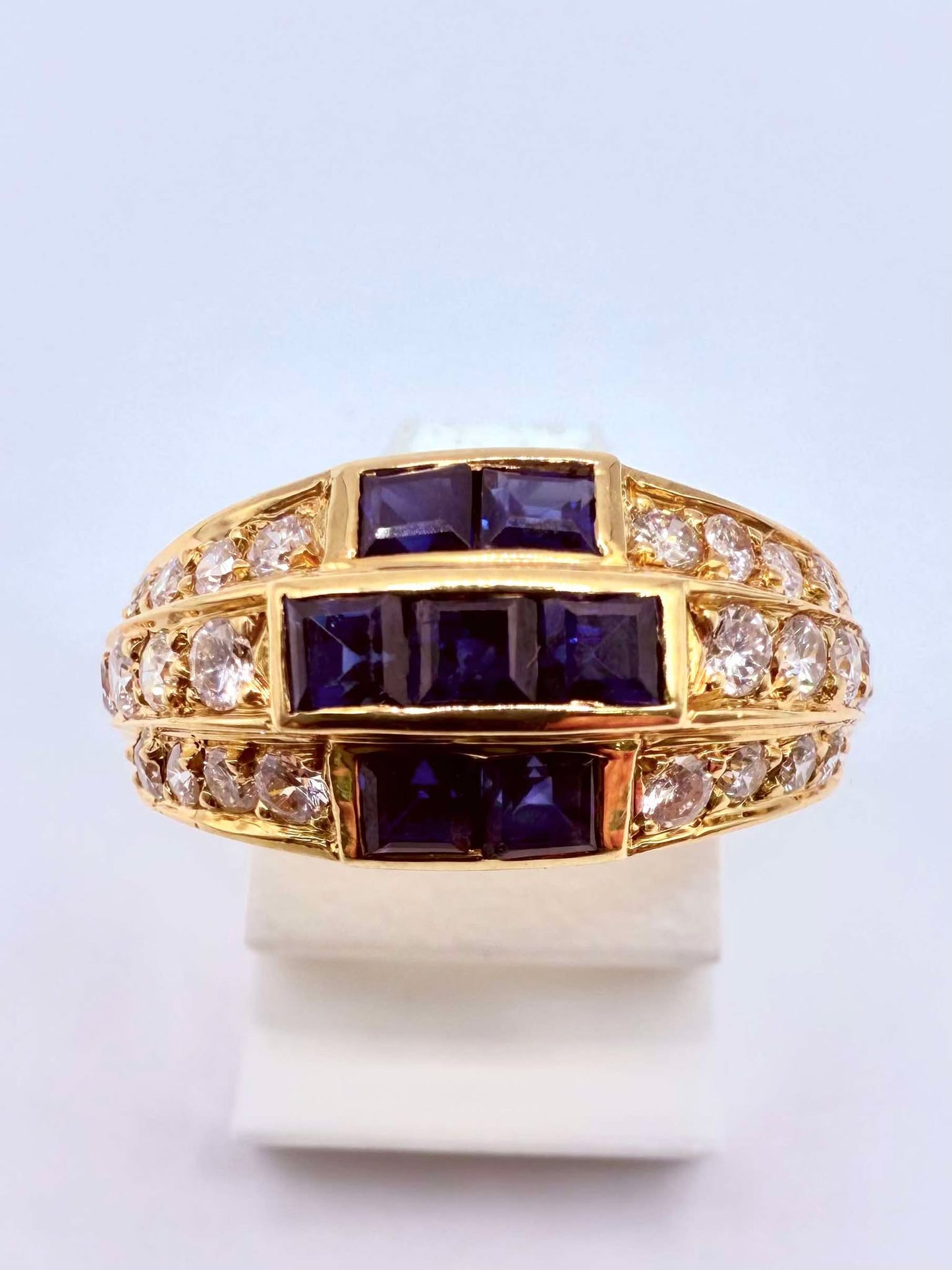 Bague Or Jaune 18K 26 Diamants + 7 Pierres Bleues