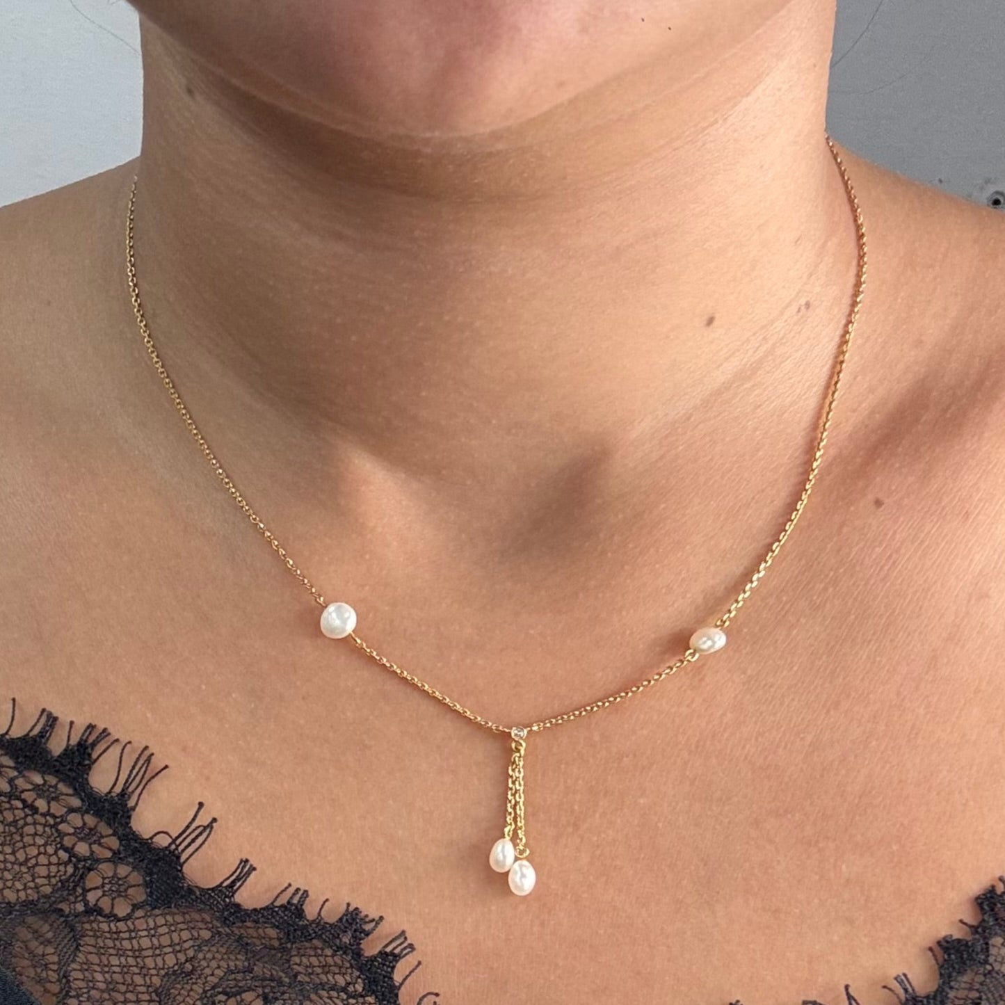 Collier Princesse Or Jaune 18K Diamants Perles - 3.32 Grs