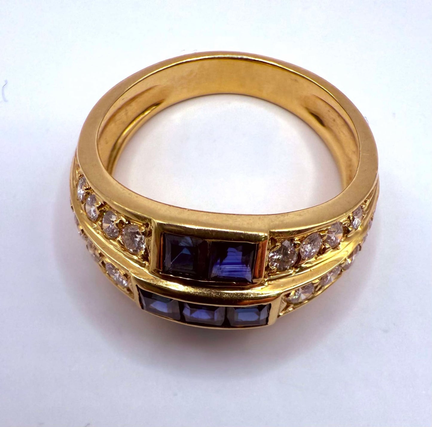 Bague Or Jaune 18K 26 Diamants + 7 Pierres Bleues