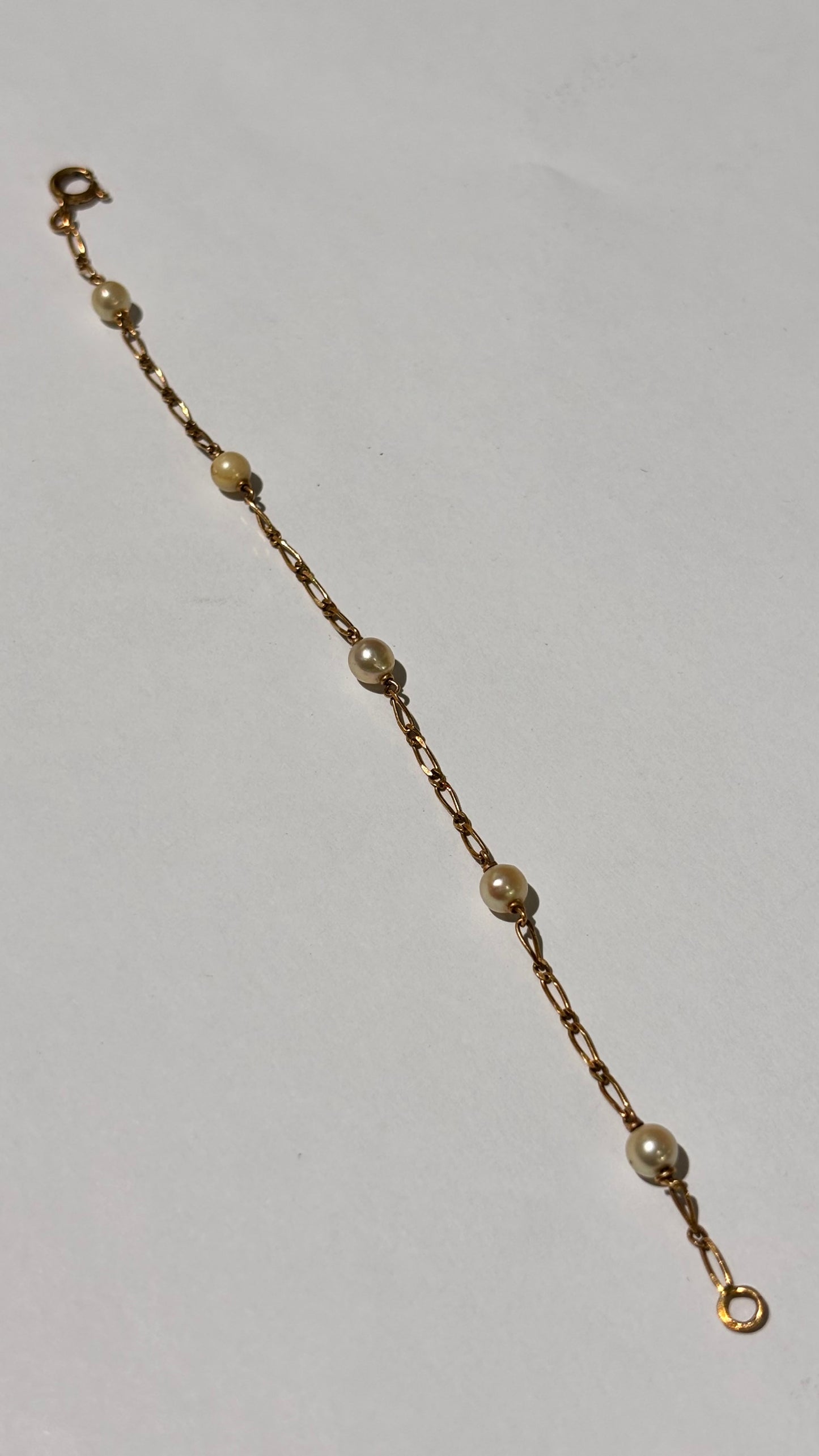 Bracelet Or Jaune 18K Figaro Maillon Perles 15cm