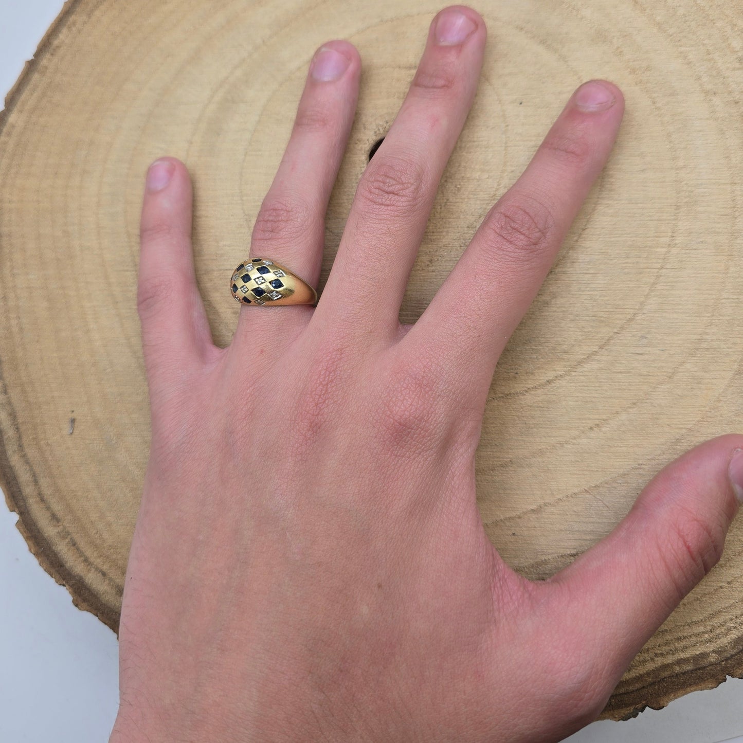 Bague en or jaune 18K avec diamants et pierres bleues - 4.78 Grs