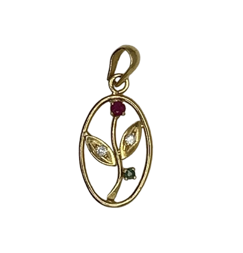 Pendentif en Or Jaune 18K Fleur avec Rubis, Émeraude et Zirconium