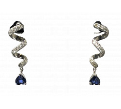 Boucles d'Oreille Or Blanc Spirales avec Pierres Bleues et Diamants