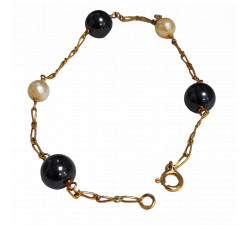 Bracelet Or Jaune avec Perles Noires et Blanches