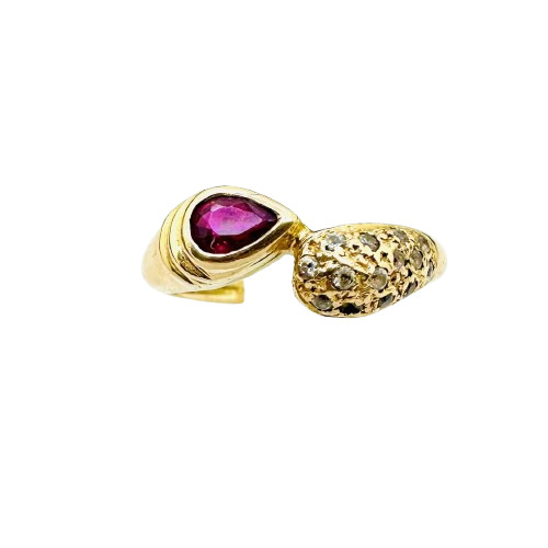 Bague Or Jaune avec Oxydes et Pierre Rose