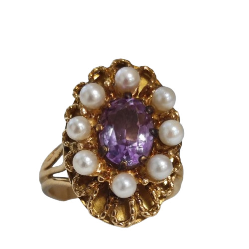 Bague Or avec Pierre Violette et Perles