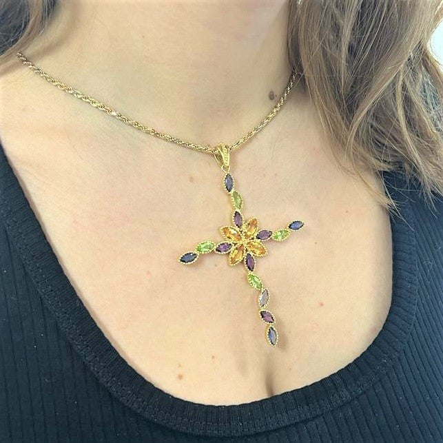 Pendentif Croix Or Jaune avec Pierres Fines