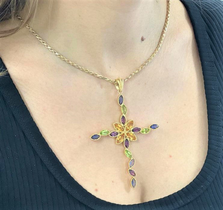 Pendentif Croix Or Jaune avec Pierres Fines