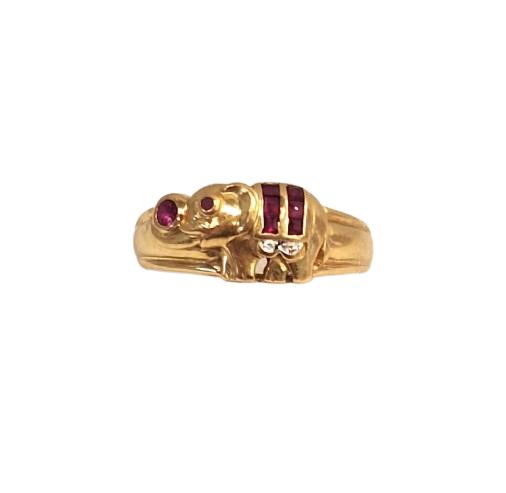 Bague en Or jaune 18K avec éléphant et pierres précieuses