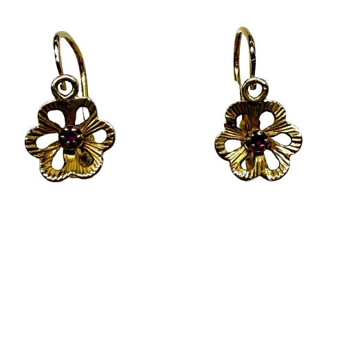 Boucles d'Oreille Fleur Or Jaune avec Pierres Roses