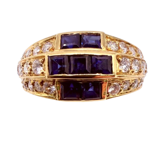 Bague Or Jaune 18K 26 Diamants + 7 Pierres Bleues