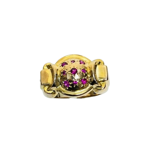 Bague tank or avec pierres roses