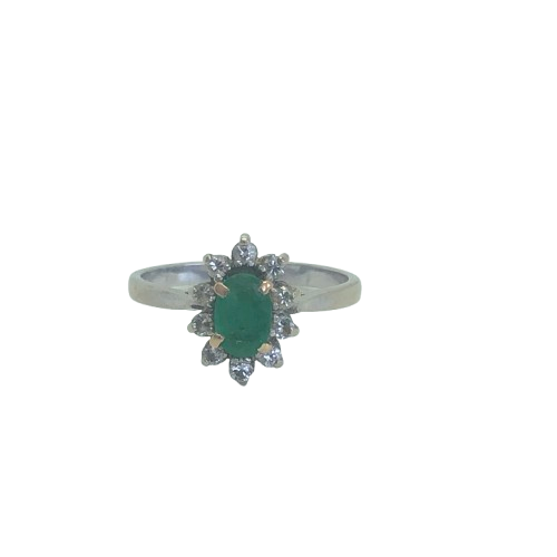Bague Marquise en Or Blanc 18K avec Émeraude et Diamants