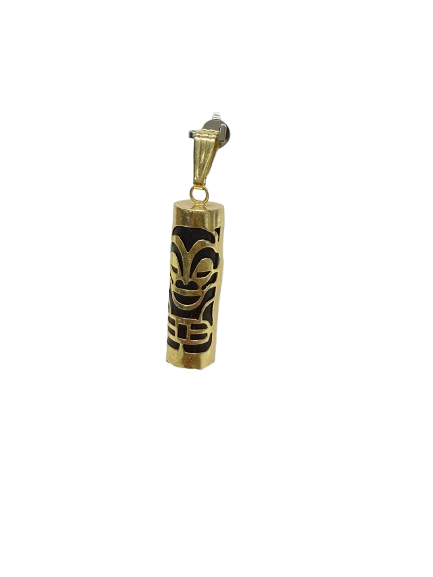 Pendentif Tiki en Or Jaune 18K avec Pierre en Bois