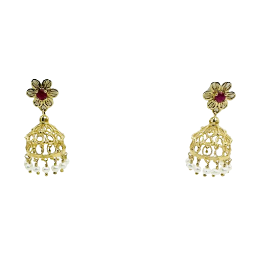 Boucles d'oreilles Jhumka en or rubis et perles