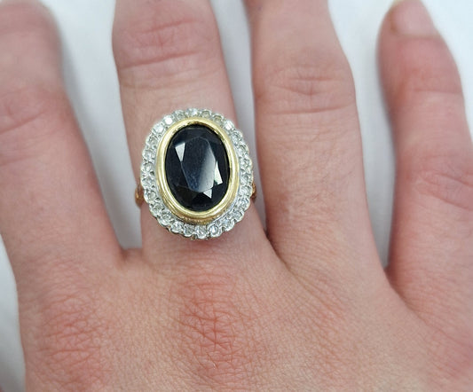 Bague Pompadour Vintage en Or Jaune 18K avec Saphir et Diamants