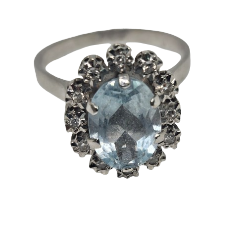 Bague Marguerite Or Gris 18 Carats Aigue Marine Diamants Taille 58