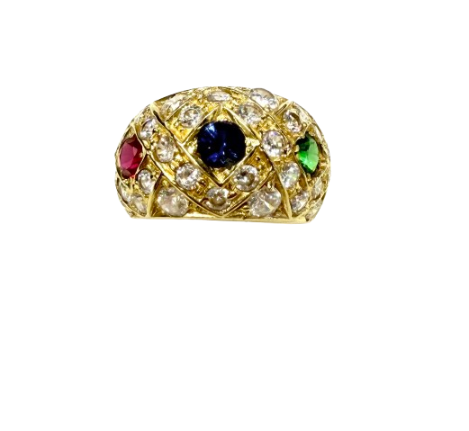 Bague en Or Jaune 18k avec Pierres Précieuses -  T 57.5